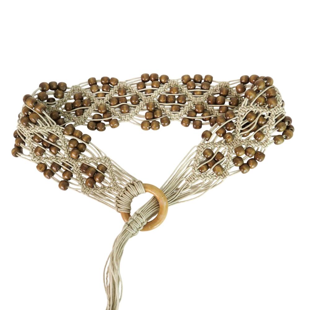 Vintage Macrame Woven Belt Wooden Beads Tan Brown Boho Adjustable Wood Buckle